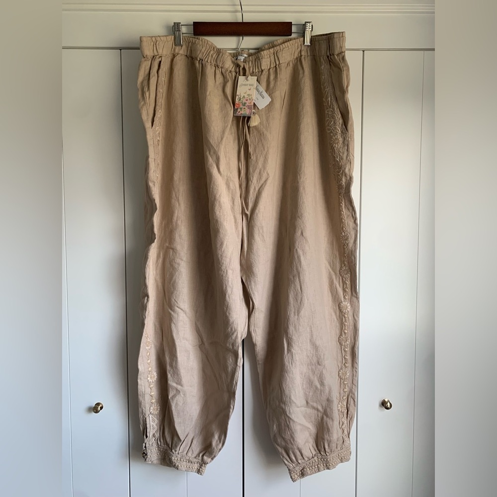 Johnny Was‎ Kemi Linen Jogger Pants Embroidered Beige Size 3X